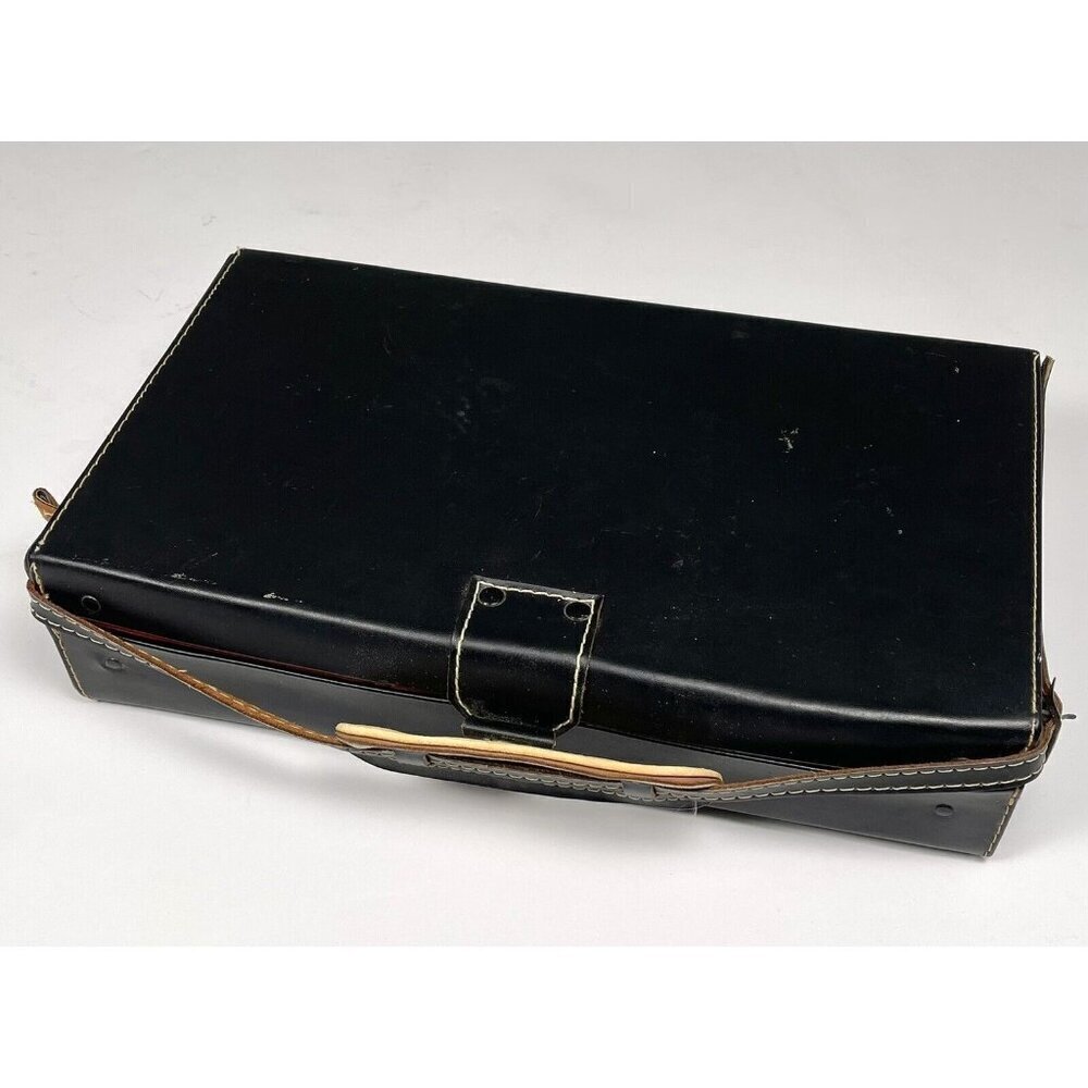VTG 14"x8"x3.25 Black Faux Leather Hard Side CAMERA CASE Red Corduroy Lining
